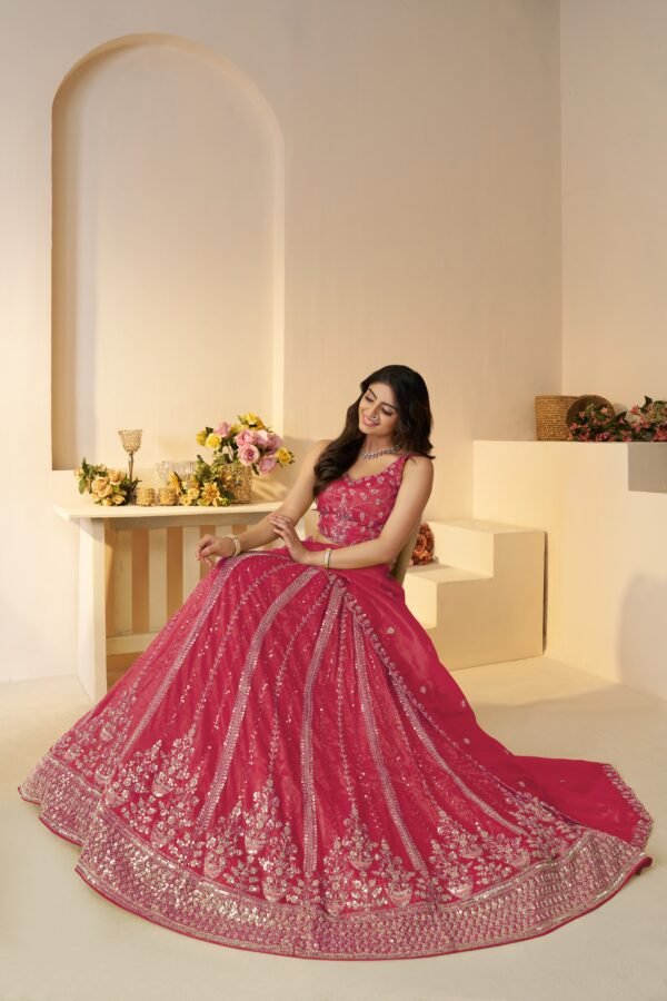 Traditional Pink Jimmy Choo Lehenga with Paisley Motifs & Embroidered Silk Patches – Elegant Zari Border Dupatta Set - Image 4