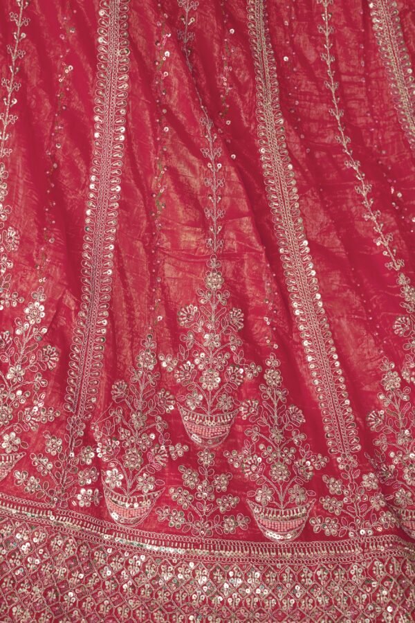 Traditional Pink Jimmy Choo Lehenga with Paisley Motifs & Embroidered Silk Patches – Elegant Zari Border Dupatta Set - Image 6