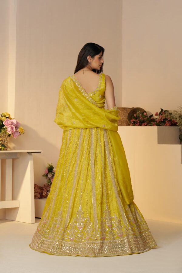 Vibrant Yellow Haldi Lehenga with Sequins & Cut Dana Work – Festive Bridal & Bridesmaid Outfit in Jimmy Choo Fabric - Image 3