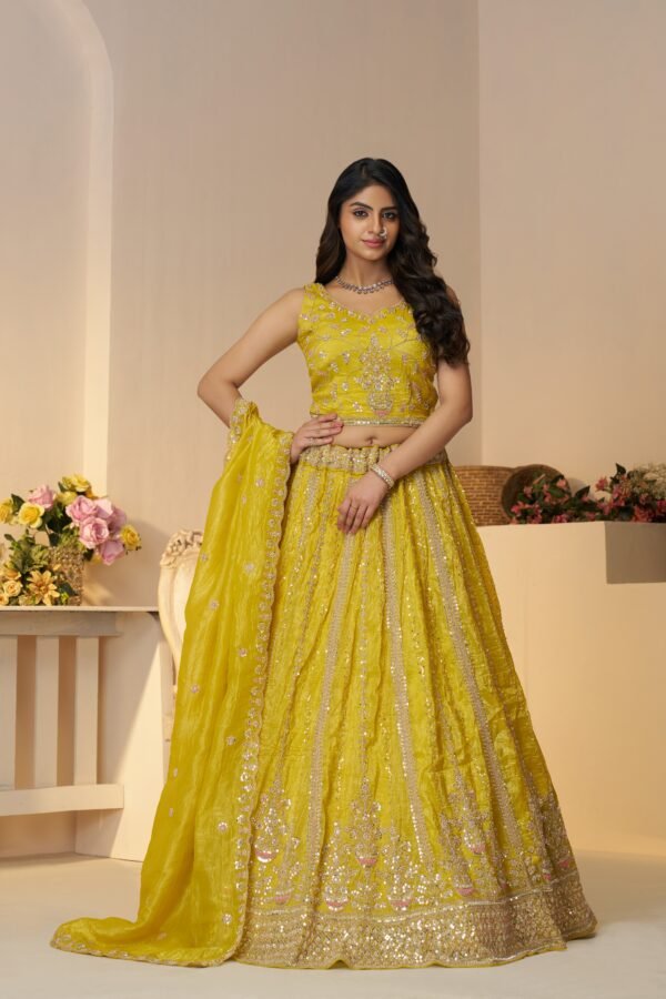 Vibrant Yellow Haldi Lehenga with Sequins & Cut Dana Work – Festive Bridal & Bridesmaid Outfit in Jimmy Choo Fabric - Image 4