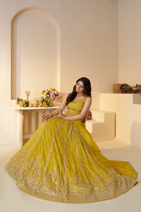 Vibrant Yellow Haldi Lehenga with Sequins & Cut Dana Work – Festive Bridal & Bridesmaid Outfit in Jimmy Choo Fabric - Image 5