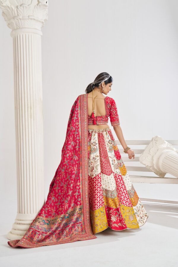 Multicolour Banarasi Patchwork Lehenga with Red Blouse & Scalloped Detailing – Contemporary Bridal Statement - Image 2