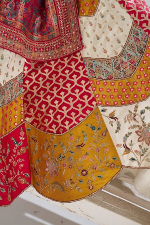 Multicolour Banarasi Patchwork Lehenga with Red Blouse & Scalloped Detailing – Contemporary Bridal Statement - Image 3