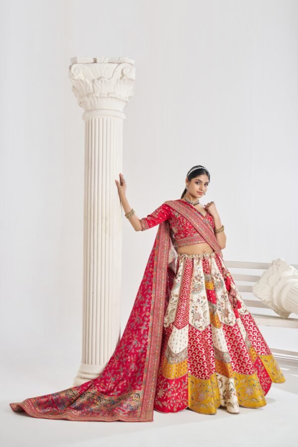 Multicolour Banarasi Patchwork Lehenga with Red Blouse & Scalloped Detailing – Contemporary Bridal Statement - Image 4