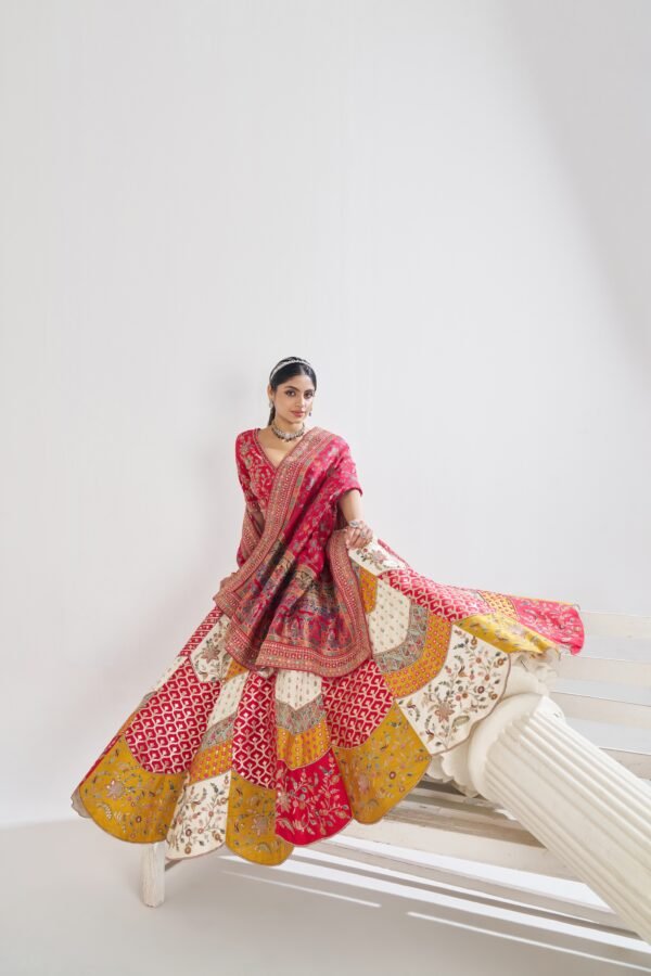 Multicolour Banarasi Patchwork Lehenga with Red Blouse & Scalloped Detailing – Contemporary Bridal Statement - Image 5