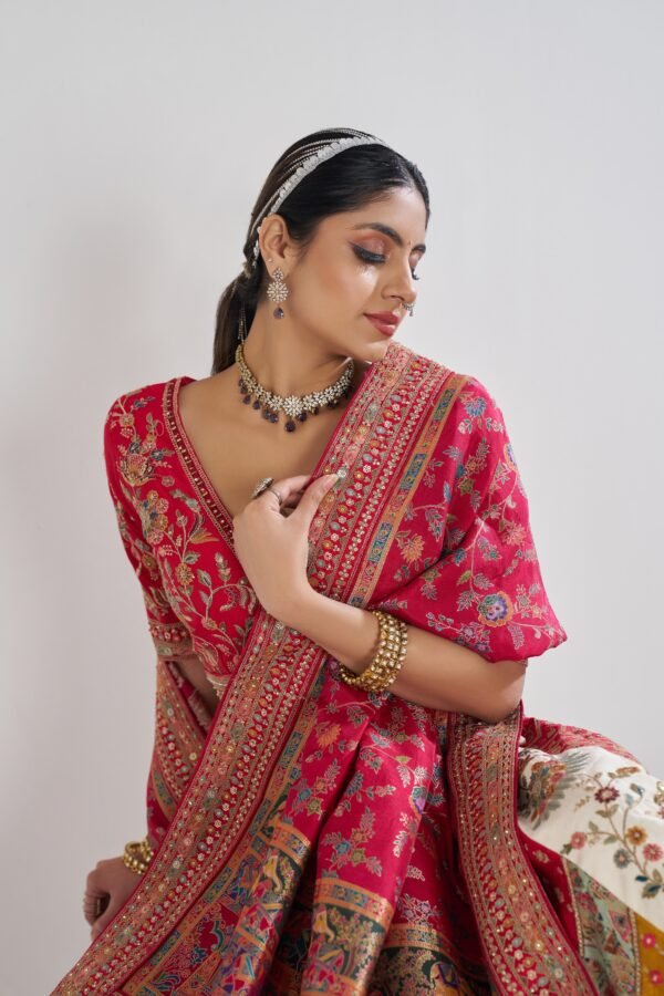 Multicolour Banarasi Patchwork Lehenga with Red Blouse & Scalloped Detailing – Contemporary Bridal Statement - Image 6