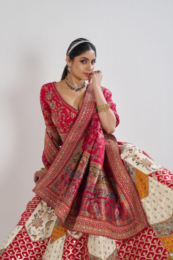 Multicolour Banarasi Patchwork Lehenga with Red Blouse & Scalloped Detailing – Contemporary Bridal Statement - Image 7