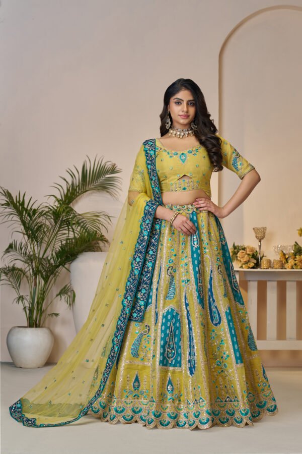 Golden Yellow Banarasi Silk Bridal Lehenga with Peacock & Bagh Embroidery – Sequins & Stone Work with Scalloped Dupatta - Image 2