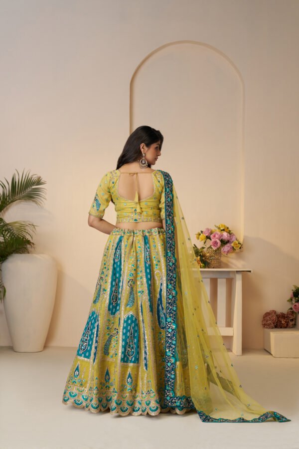 Golden Yellow Banarasi Silk Bridal Lehenga with Peacock & Bagh Embroidery – Sequins & Stone Work with Scalloped Dupatta - Image 3