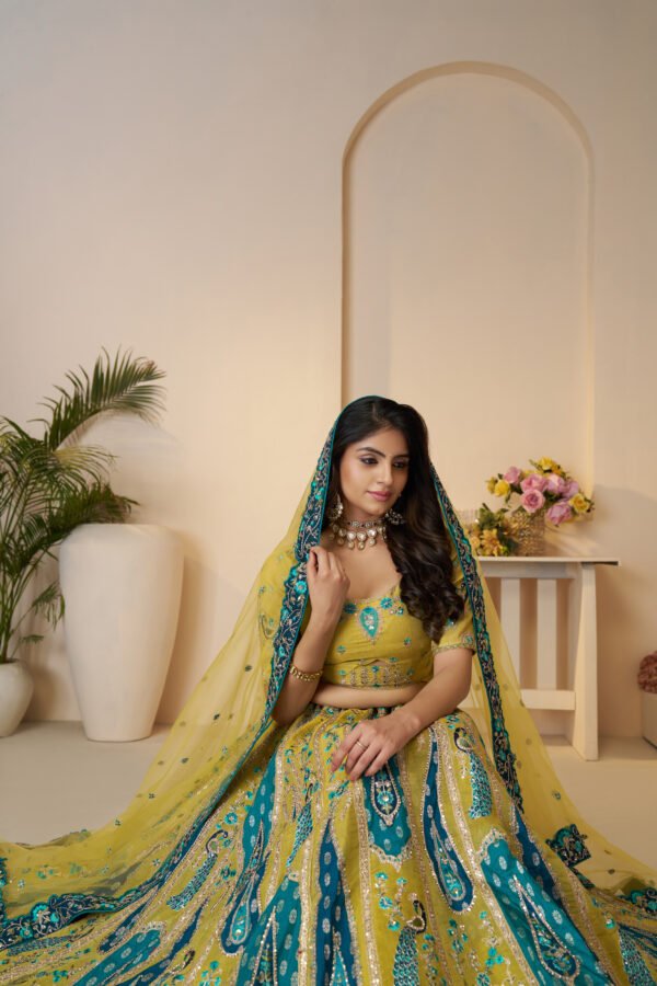Golden Yellow Banarasi Silk Bridal Lehenga with Peacock & Bagh Embroidery – Sequins & Stone Work with Scalloped Dupatta - Image 4
