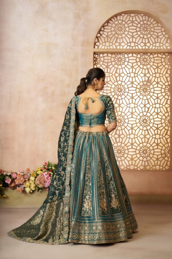 Green Tissue Bridal Lehenga with Banarasi Zari Patchwork & Jacquard Silk Dupatta – Premium Designer Wedding Wear - Image 2