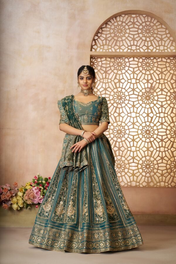 Green Tissue Bridal Lehenga with Banarasi Zari Patchwork & Jacquard Silk Dupatta – Premium Designer Wedding Wear - Image 3