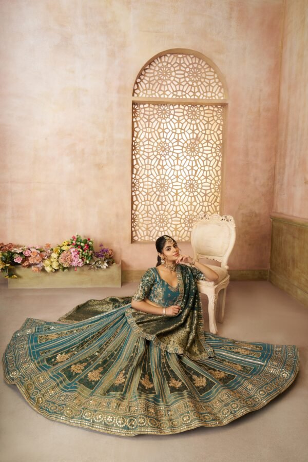 Green Tissue Bridal Lehenga with Banarasi Zari Patchwork & Jacquard Silk Dupatta – Premium Designer Wedding Wear - Image 4