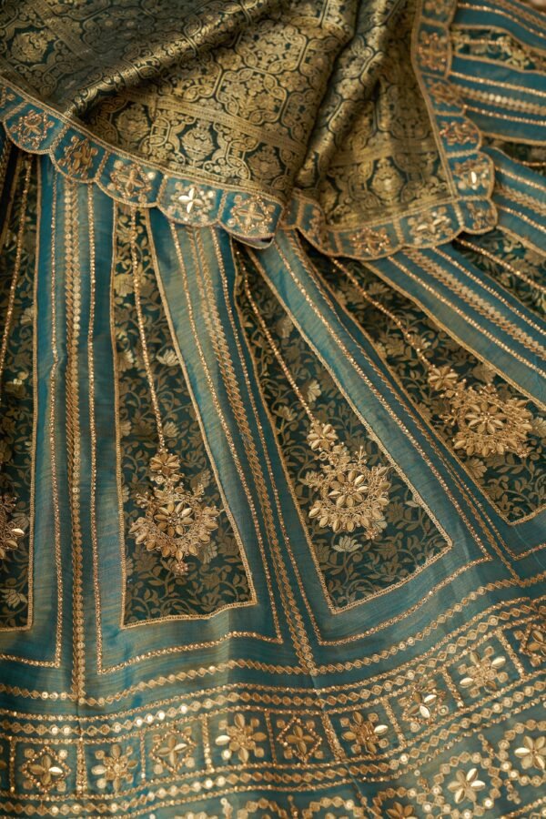 Green Tissue Bridal Lehenga with Banarasi Zari Patchwork & Jacquard Silk Dupatta – Premium Designer Wedding Wear - Image 5