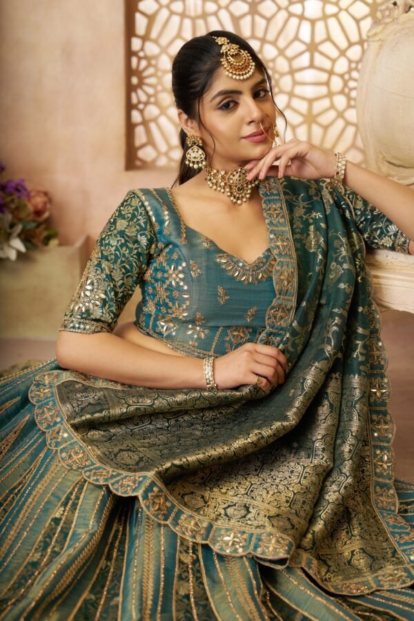 Green Tissue Bridal Lehenga with Banarasi Zari Patchwork & Jacquard Silk Dupatta – Premium Designer Wedding Wear - Image 6