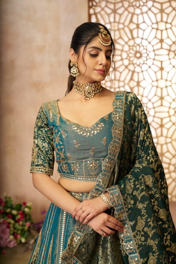 Green Tissue Bridal Lehenga with Banarasi Zari Patchwork & Jacquard Silk Dupatta – Premium Designer Wedding Wear - Image 7