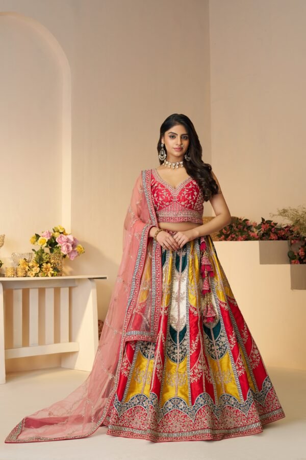 Vibrant multicolor Banarasi Silk Lehenga Set – Elegant Sangeet & Wedding Wear - Image 3