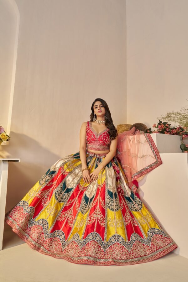 Vibrant multicolor Banarasi Silk Lehenga Set – Elegant Sangeet & Wedding Wear - Image 4