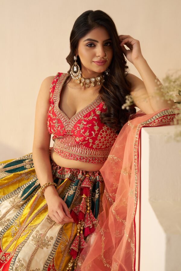 Vibrant multicolor Banarasi Silk Lehenga Set – Elegant Sangeet & Wedding Wear - Image 6