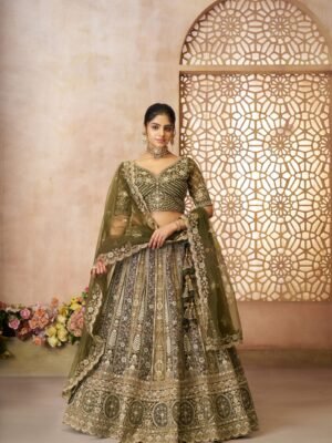 Mehndi Green Soft Net Designer Bridal Lehenga with Intricate Thread Work – Panelled Skirt for Festive & Wedding Wear