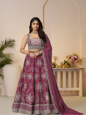Maroon Bridal Satin Silk Lehenga with Sequin & Floral Embroidery – Elegant Sangeet & Wedding Wear for Bridesmaids