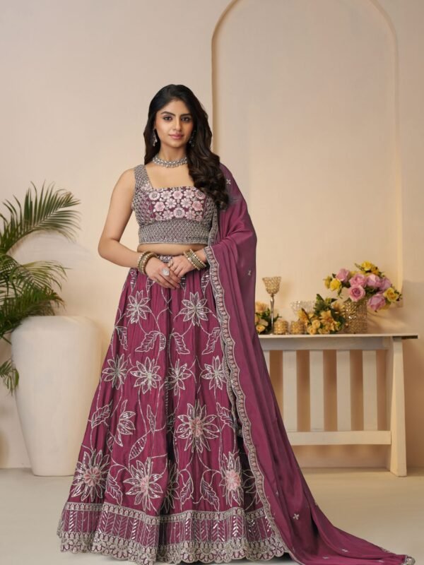 Maroon Bridal Satin Silk Lehenga with Sequin & Floral Embroidery – Elegant Sangeet & Wedding Wear for Bridesmaids