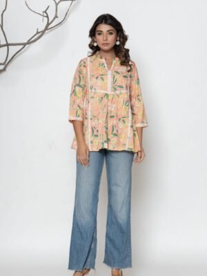 Pure Cotton Pleated Tops with Elegant Lace Detailing