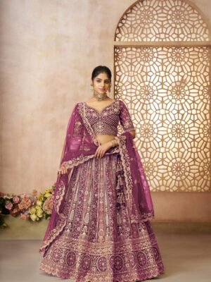 Purple Soft Net Designer Bridal Lehenga with Multi-Pattern Thread Embroidery – Panelled Skirt for Festive & Wedding Wear