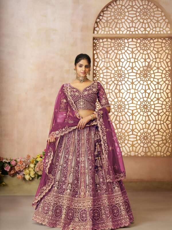 Purple Soft Net Designer Bridal Lehenga with Multi-Pattern Thread Embroidery – Panelled Skirt for Festive & Wedding Wear