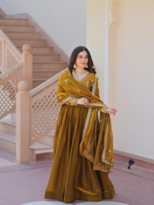 Mehndi  Color Premium Fendy Fabric Readymade Gown with Embroidered Dupatta