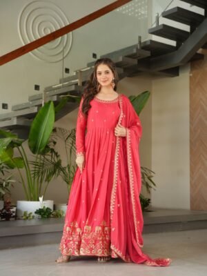 Premium Chinnon Embroidered Zari Sequin Gown with Designer Dupatta