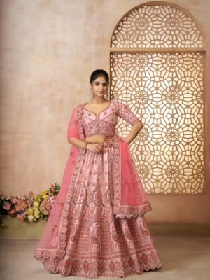 Pink Silk Bridal Lehenga with Paisley & Medallion Embroidery – Pink Dupatta & Designer Blouse for Weddings