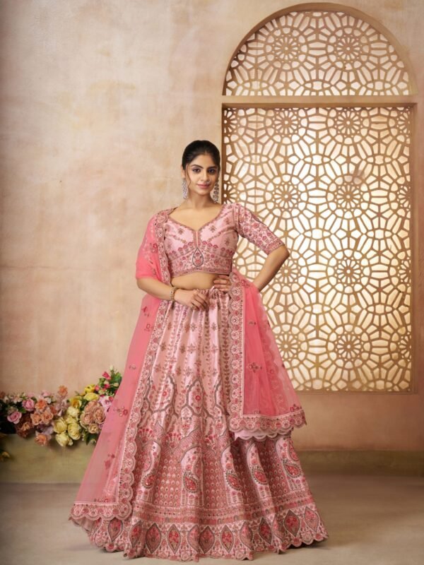Pink Silk Bridal Lehenga with Paisley & Medallion Embroidery – Pink Dupatta & Designer Blouse for Weddings
