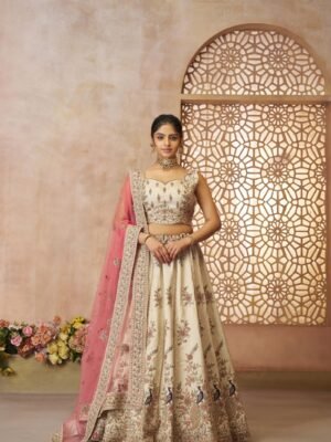 Beige Zari Silk Lehenga Set with Dupatta – Elegant White Ensemble for Grand Occasions