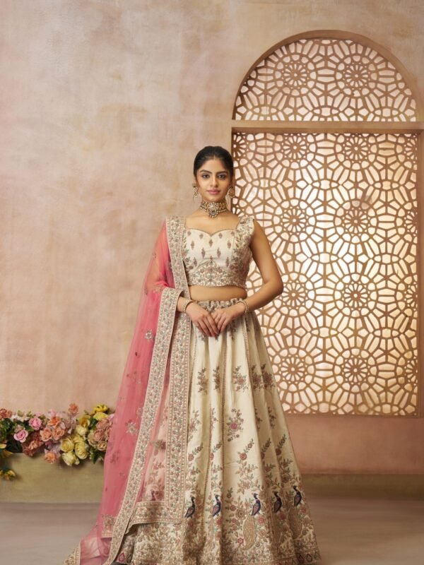 Beige Zari Silk Lehenga Set with Dupatta – Elegant White Ensemble for Grand Occasions