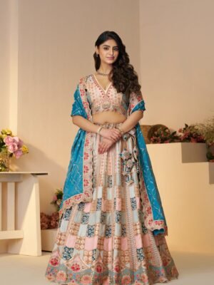 Sky Blue Dola Silk Party Wear Lehenga with Multi-Color Jaal Print, Zari & Sequin Work – Festive Lehenga Set