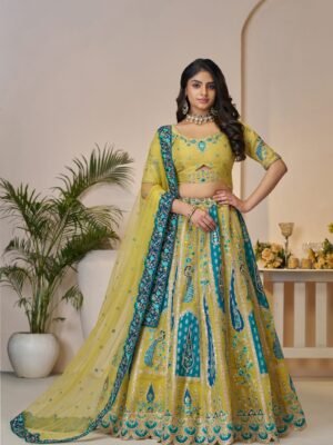 Golden Yellow Banarasi Silk Bridal Lehenga with Peacock & Bagh Embroidery – Sequins & Stone Work with Scalloped Dupatta