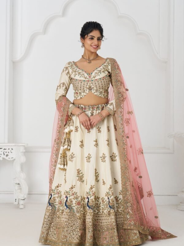 White Zari Silk Bridal Lehenga with Intricate Peacock Embroidery – Pink Dupatta Wedding Ensemble