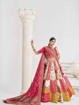 Multicolour Banarasi Patchwork Lehenga with Red Blouse & Scalloped Detailing – Contemporary Bridal Statement