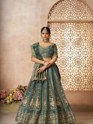 Green Tissue Bridal Lehenga with Banarasi Zari Patchwork & Jacquard Silk Dupatta – Premium Designer Wedding Wear