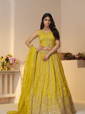Vibrant Yellow Haldi Lehenga with Sequins & Cut Dana Work – Festive Bridal & Bridesmaid Outfit in Jimmy Choo Fabric