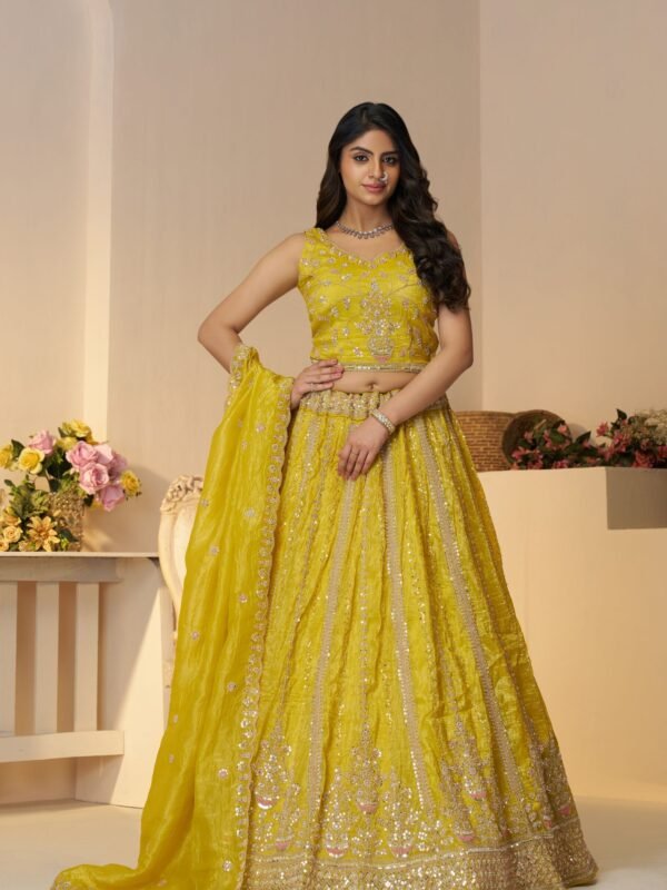 Vibrant Yellow Haldi Lehenga with Sequins & Cut Dana Work – Festive Bridal & Bridesmaid Outfit in Jimmy Choo Fabric