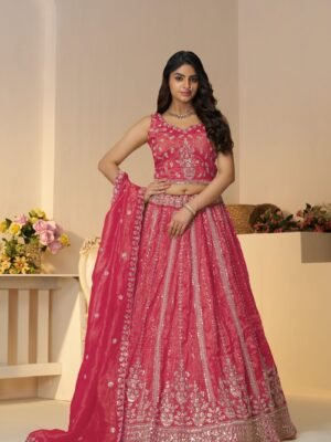Traditional Pink Jimmy Choo Lehenga with Paisley Motifs & Embroidered Silk Patches – Elegant Zari Border Dupatta Set
