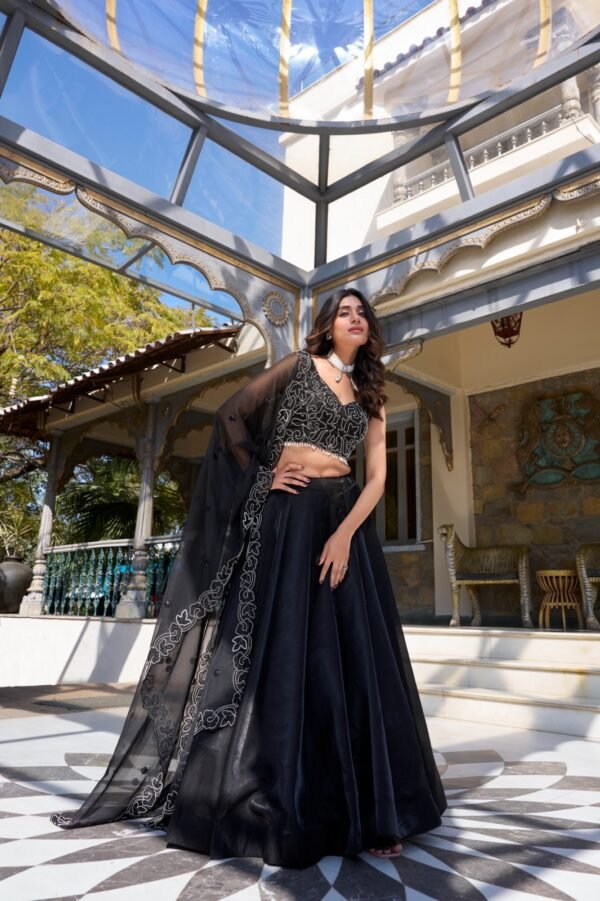 Elegant Black Star Satin Lehenga Set with Pearl & Sequins Work - Image 2