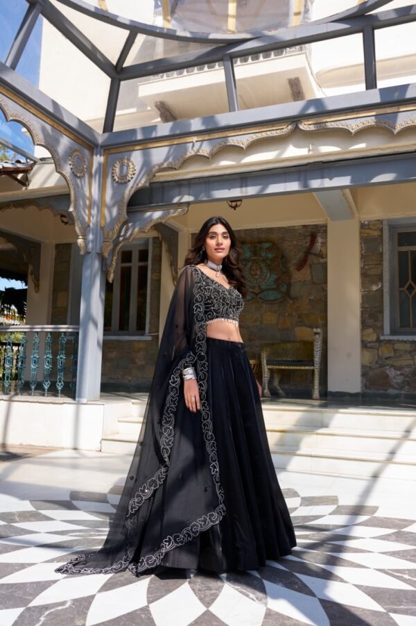 Elegant Black Star Satin Lehenga Set with Pearl & Sequins Work - Image 3