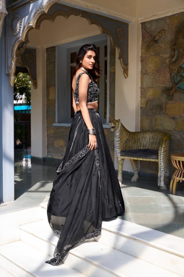 Elegant Black Star Satin Lehenga Set with Pearl & Sequins Work - Image 4