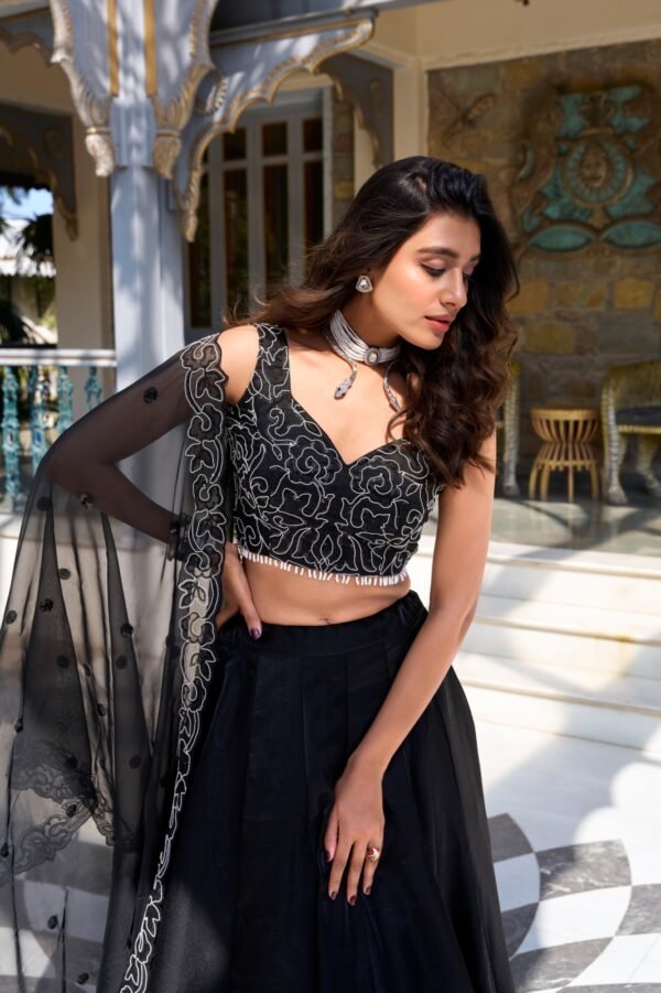 Elegant Black Star Satin Lehenga Set with Pearl & Sequins Work - Image 5