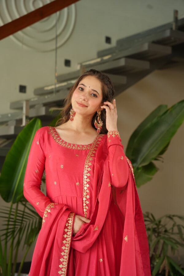 Premium Chinnon Embroidered Zari Sequin Gown with Designer Dupatta - Image 2