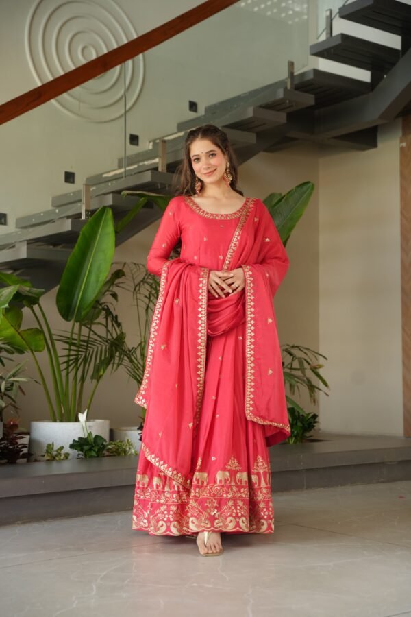 Premium Chinnon Embroidered Zari Sequin Gown with Designer Dupatta - Image 3