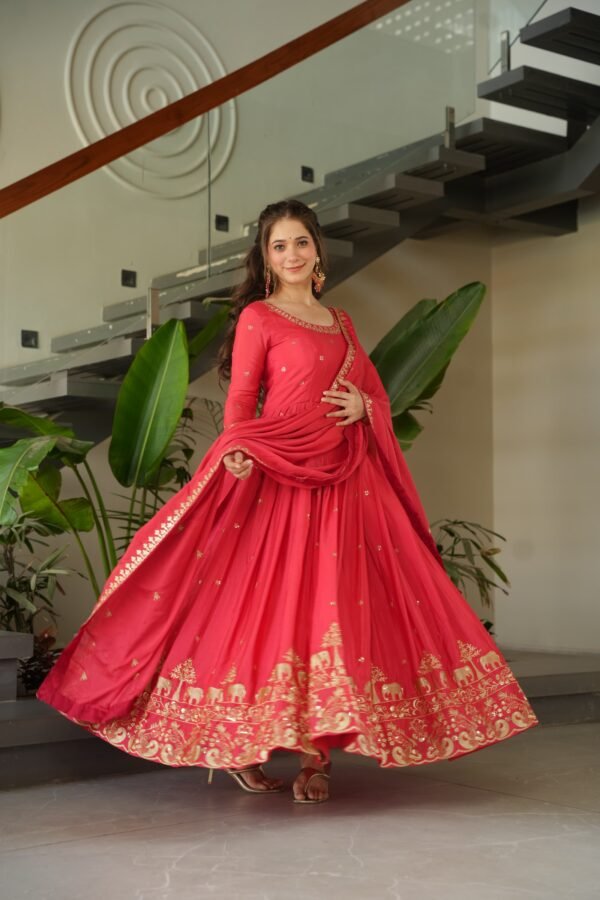Premium Chinnon Embroidered Zari Sequin Gown with Designer Dupatta - Image 4
